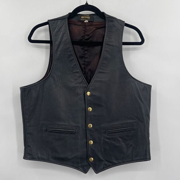 Hog Skin Black Solid Bikers Leather Waistcoat Club Classic Biker Vest Size 42 - Picture 1 of 7